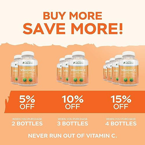 Vitamina C 1000mg Purely Holistic, 365 Cápsulas, 12 Meses de Suprimento, Liberação Gradual em 2 Etapas com Ácido Ascórbico e Rosa Mosqueta