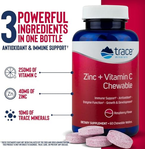Vitamina C e Zinco Mastigável | Suporte Imunológico, Antioxidante, Função Enzimática, Crescimento - Trace Minerals