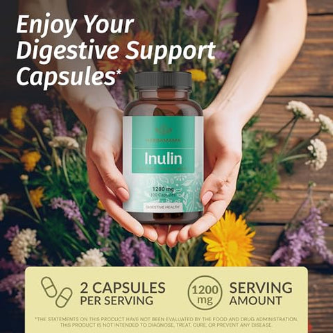 Cápsulas de Inulina – 1200 mg de Raiz de Chicória Inulina, Suplemento de Fibra Prebiótica – Pó de Inulina para Saúde Intestinal - HERBAMAMA