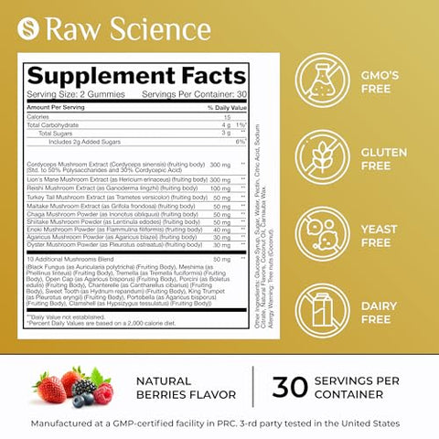 S RAW SCIENCE - Complexo de Cogumelos em Gomas com Leão da Montanha, Suplementos Nootrópicos para Memória