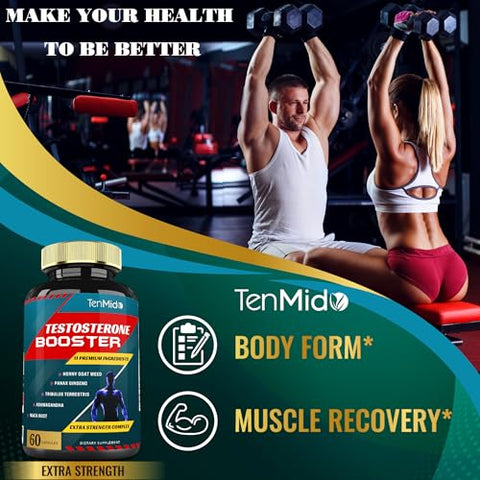 Tenmido - 2 Pacotes de 60 cápsulas de Suplemento Estimulante de Testosterona para Homens, Equivalente a 10000mg – Resistência Natural, Energia Duradoura