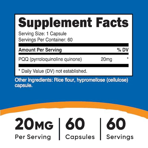 PQQ 20mg – 60 Cápsulas Vegetarianas, Livre de GMO e Glúten - Nutricost