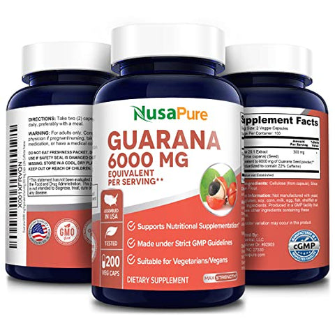 Extrato de Guaraná 6000mg 200 Cápsulas Vegetais (Sem OGM, Sem Glúten) - NusaPure