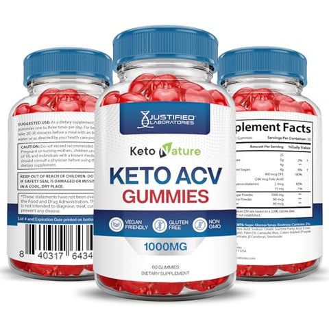 Justified Laboratories - Keto Nature Gummies ACV Avançado 1000MG Fórmula Avançada de Maçã com Vinagre de Maçã Ketonature Gummies Formulados com Romã e Beterraba em Pó B12 Vegano Não GMO 60 Gummys