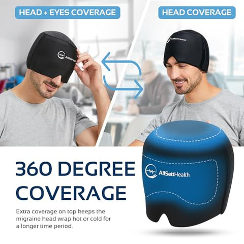 AllSett Health - Migraine Relief Cap Ice Head Wrap | Headache and Migraine Hat | Hot/Cold Gel Head Ice Pack with Face and Eye Headache Mask Compress Black | 100g