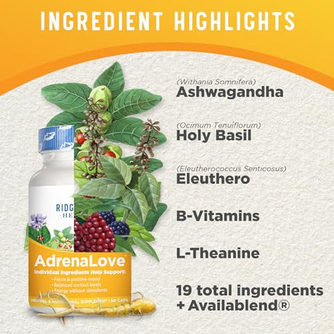 RidgeCrest Herbals - Ridgecrest Herbals AdrenaLove: Suplemento para Fadiga Adrenal com Ashwagandha, L-Theanine, Ginseng, Schisandra, Taurina, Manjericão Sagrado, Adaptógenos e Vitaminas B