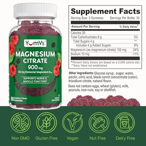 YUM-V'S - Magnesium Citrate Gummies YumVs | 900mg Citrato de Magnésio (102mg de Magnésio Elemental) | Citrato Altamente Absorvível | Suporta Nervos, Enzimas |