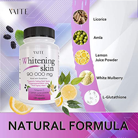 VAITE - Pílulas de Glutationa – Removedor de Cicatrizes de Acne – 90000 – Fabricado nos EUA – Pílulas Veganas para Clareamento da Pele com Anti-Envelhecimento