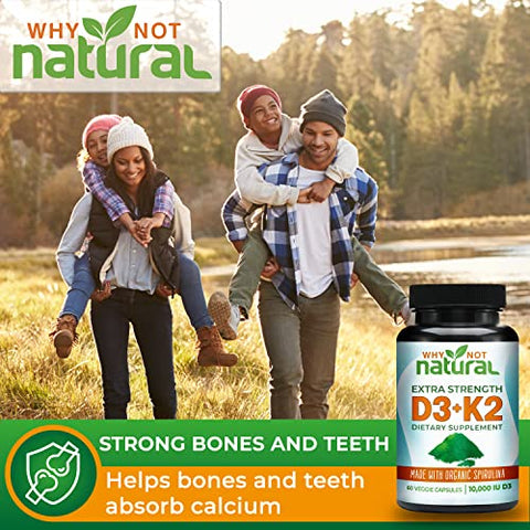 Why Not Natural - Vitamina D3 K2 (MK-7) com Spirulina Orgânica, 10000 UI Suplemento Extra Forte em Cápsulas Vegetais, Suporta Saúde Óssea, Sistema Imunológico e Humor