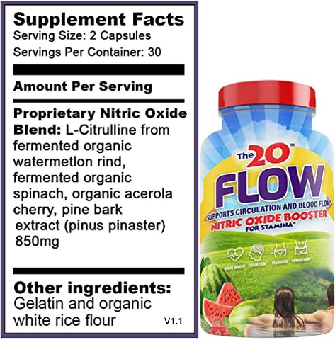 The20 - Flow – Suplemento de Óxido Nítrico – 60 Cápsulas – L-Citrulina de Melancia Orgânica, Espinafre Orgânico e Acerola Orgânica – para Saúde do Coração, Cérebro e Bem-Estar Geral – Sem