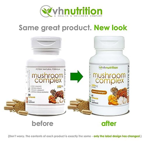 Suplemento de Cogumelo | Complexo de Cogumelos para Suporte Vitalidade* 1400mg | Fórmula Adaptogênica Inclui: Leão da Montanha, Chaga, Reishi, Extratos | 60 Cápsulas - VH Nutrition