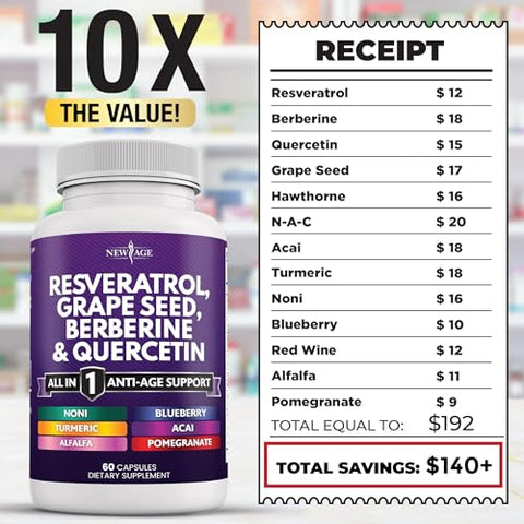 Resveratrol 6000mg Berberine 3000mg Extrato de Semente de Uva 3000mg Quercetina 4000mg – Suplemento Polifenólico para Mulheres e Homens com Extrato de Noni, N-Acetil Cisteína, Açaí – 100% Natural e Potente - NEW AGE