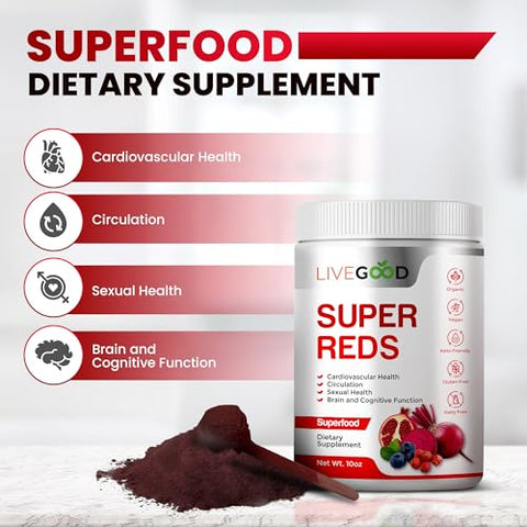 Super Reds Orgânicos com Alfafa, Grama de Cevada, Beterraba, Romã, Semente de Uva, Vegano, Sem Glúten, 200g - LIVEGOOD