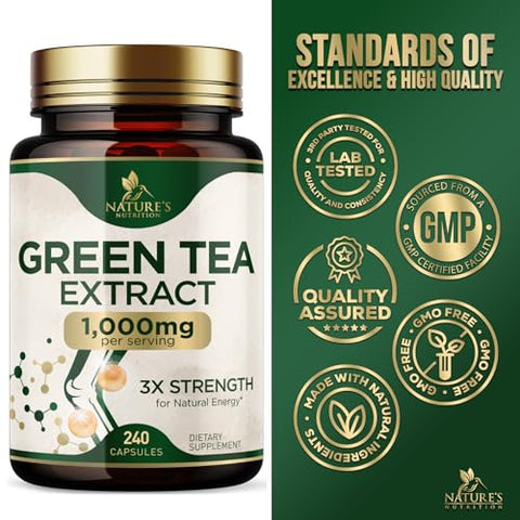 Nature's Nutrition - Extrato de Chá Verde em Cápsulas para Perda de Peso 1000mg 98%% Padronizado em EGCG – 3X Mais Potente para Energia Natural – Suporta a Saúde Antioxidante do Coração com Polifenóis, Suplemento Herbal Vegano