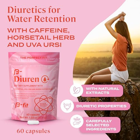 B-FIT B - Diuren – Cápsulas Diuréticas com Cafeína, Cavalinha e Uva Ursi – 60 Cápsulas com Extratos Naturais – Suplemento de Cavalinha – Melhores Diuréticos para Retenção de Água