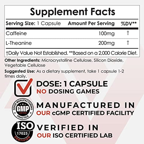 Cápsulas de Cafeína e L-Teanina | 60 Comprimidos | 100mg Cafeína + 200mg L-Teanina | Energia e Foco Mental | Suplemento Natural - Nootropics Depot