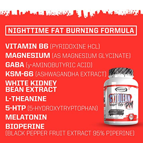 Cytolean PM: Queimador de Gordura Noturno com Suporte ao Sono de Melatonina, Redução do Estresse, Livre de Estimulantes, Amigo dos Veganos (90 Cápsulas) - Gaspari Nutrition