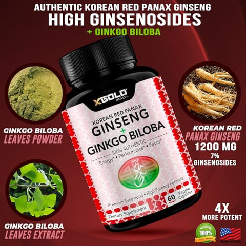X Gold Health - Ginseng Vermelho Coreano Panax 1200mg Ginkgo Biloba – Extrato de Raiz em Pó de Força Extra com Cápsulas Veganas de Alta Ginsenosídeos para Energia e Desempenho