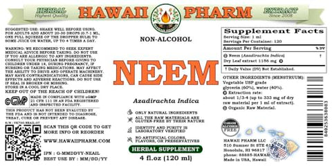 Neem Glicerito de Folha Seca de Neem Orgânico, Extrato Líquido Sem Álcool, Hawaii Pharm, EUA 2×120 ml