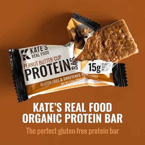 Kate's - Barras de Proteína Orgânicas Kate’s Real Food – (Peanut Butter Cup, 62g, Pacote com 12) – Barras de Proteína à Base de Plantas – Livre de Glúten, Soja, Não-OGM, Grãos Integrais e 100% Natural