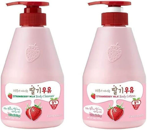 Conjunto de Limpeza Corporal e Loção Corporal WELCOS KWAILNARA Leite (560 g / 19,75 oz. cada) (Morango)