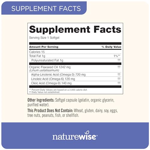 Óleo de Linhaça NatureWise 1200 mg, Ômega 3 Livre de Peixe com 720mg de ALA, Ômega 3 6 9, Suporte para a Saúde do Coração – Feito com Óleo Orgânico e Extraído a Frio, Não-OGM – 120 cápsulas