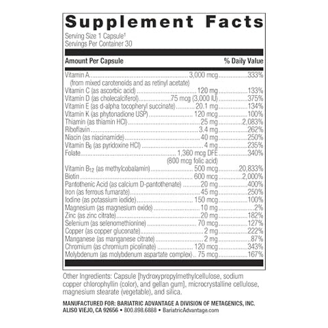 Ultra Solo com Ferro – Multivitamínico Diário para Pacientes de Cirurgia de Bypass Gástrico e Gastrectomia Vertical, Inclui Vitaminas B12, C, D, K, Tiamina e Cobre – 30 Unidades - Bariatric Advantage