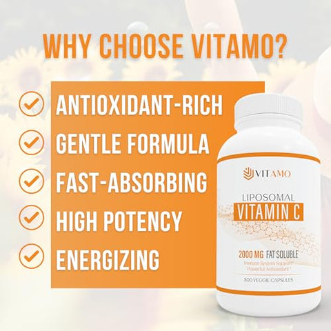Vitamo - Vitamina C Lipossomal 2000mg | Sistema de Entrega Superior | 300 Cápsulas Suporte Imunológico
