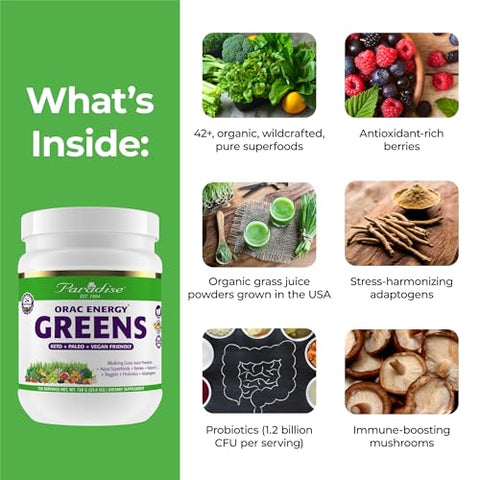 Pó de Energia ORAC Greens, Poder Antioxidante de 24 Porções de Frutas – 100g - Paradise Herbs