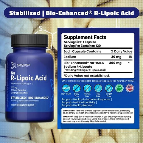 Geronova Research - Bio-Enhanced R-Lipoic Acid 300 mg – Cápsulas de 4 Meses – Ácido R-Alpha Lipoico Estabilizado com Absorção Aprimorada – Suplemento de Ácido R Lipoico – 120 Unidades