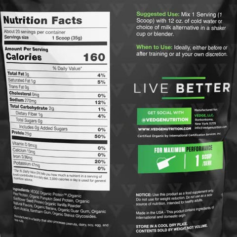 vedge - Vedge Proteína Vegetal Orgânica Certificada Sabor Baunilha (20 Porções) – Pó de Proteína Vegana à Base de Plantas, Orgânico USDA, Livre de Glúten, Nutrição de Proteína Vegetal Não Láctea