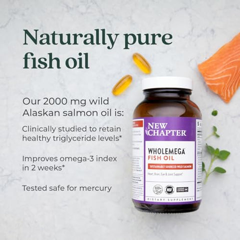Óleo de Salmão Selvagem do Alasca Wholemega da New Chapter – Ômega-3, Vitamina D3 e Astaxantina – 120 cápsulas de 1000mg