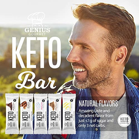 Barra de Proteína Keto Sem Glúten, Chocolate Premium com MCTs, Baixo Carboidrato, Baixo Açúcar (Chocolate Dream, Manteiga de Amendoim) - Genius Gourmet