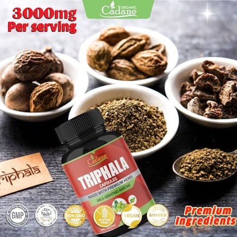Organic Cadane - Suplemento Orgânico Cadane Triphala (Pó de 3 Frutas) 3000mg, 120 Cápsulas Vegetarianas | Melhora a Digestão, Fortalece o Sistema Imunológico