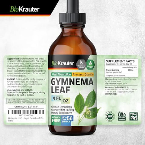 BIO KRAUTER - Extrato de Gymnema Sylvestre em Gotas – Tintura de Gymnema – Livre de Álcool e Açúcar – Vegano – Extrato de Folha de Gymnema 118 ml