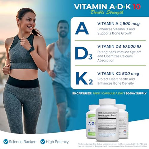 Suplemento Vitamínico ADK 10 de Alta Potência com Vitaminas A, D3 10.000 UI - Power By Naturals