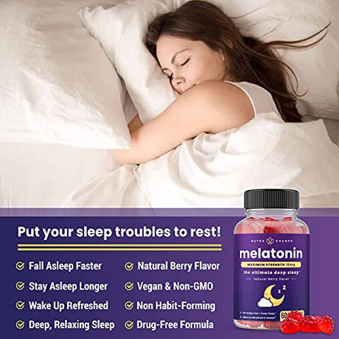 NutraChamps - (2-Pack) Gomas de Melatonina para Adultos | Suplemento de Sono Extra Forte | Dose de 5mg ou 10mg | Sabor Natural de Morango Vegano | Melhora o Sono e Ciclos Saudáveis