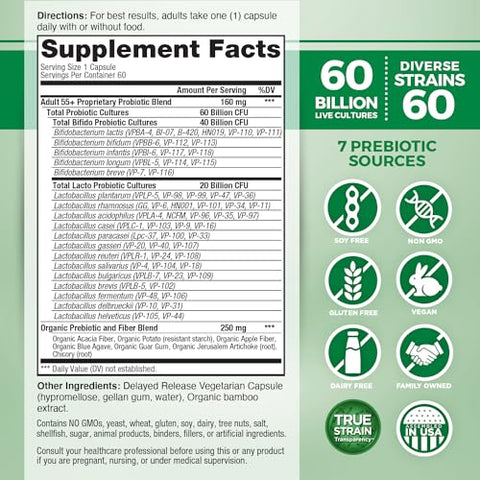 Probiótico Diário Vital Flora para Adultos Acima de 55 Anos, 60 Bilhões de UFC, Diversas Cepas, Prebióticos Orgânicos, Suporte Imunológico, Alívio de Gases, Saúde Digestiva para Mulheres - Vital Planet