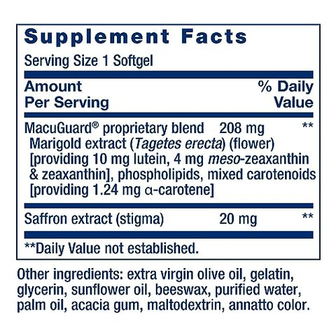 MacuGuard Suporte Ocular com Açafrão – Suplemento para a Saúde dos Olhos – com luteína, meso-zeaxantina, zeaxantina, açafrão – Livre de Glúten, Não-OGM – 60 cápsulas - Life Extension