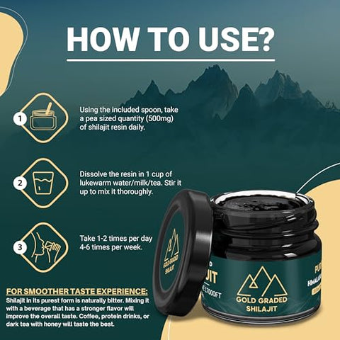 Gold Graded Shilajit - Shilajit Resina com Ácido Fúlvico | 500mg Alta Potência de Shilajit Puro do Himalaia Orgânico com 85 Minerais Traços para Energia