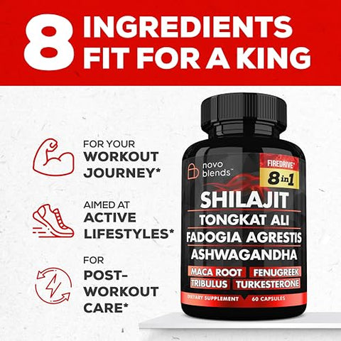 Novo Blends - Shilajit 3000mg Tongkat Ali 15,000mg Fadogia Agrestis 1000mg Maca Root 2000mg Ashwagandha 4000mg Fenugreek 1500mg Tribulus Terrestris 500mg Turkesterone 500mg – Potente Suplemento 8-em-1 para Energia e Vitalidade