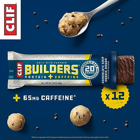 CLIF BUILDER'S - CLIF Builders Caffeine – Barra de Proteína à Base de Plantas – Sabor Cookie Dough com Gotas de Chocolate – Sem Glúten – Não-OGM – Baixo Índice Glicêmico – 20g de Proteína – 68g (12 Unidades)