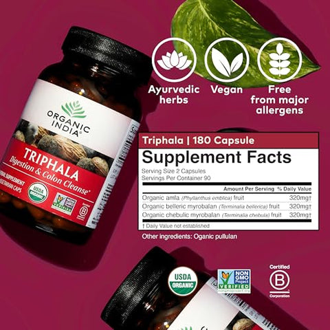 ORGANIC INDIA - Cápsulas Orgânicas Organic India Triphala – Suplemento Herbal com Amla, Bibhitaki, Haritaki, Digestão