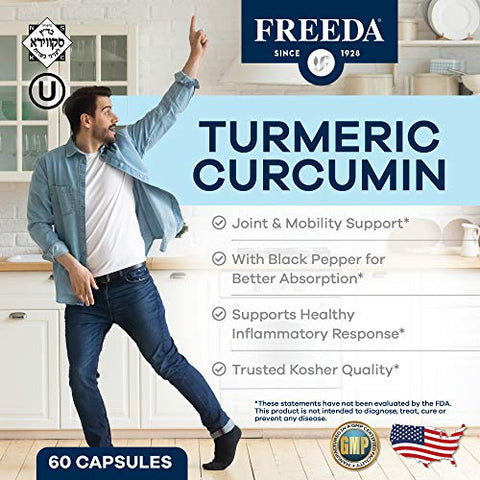 FREEDA - Freeda Curcuma Cúrcuma com Pimenta Preta – Vegano Kosher Sem Glúten – Cápsulas de Curcuma para Suporte à Inflamação – 60 Cápsulas Vegetais