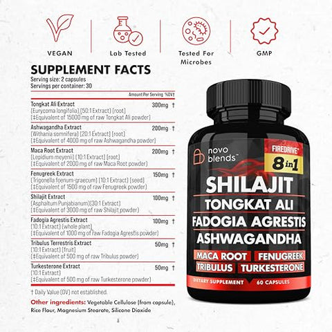 Novo Blends - Shilajit 3000mg Tongkat Ali 15,000mg Fadogia Agrestis 1000mg Maca Root 2000mg Ashwagandha 4000mg Fenugreek 1500mg Tribulus Terrestris 500mg Turkesterone 500mg – Potente Suplemento 8-em-1 para Energia e Vitalidade