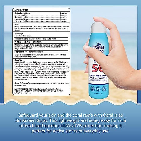 Coral Isles - Protetor Solar Spray FPS 50 – Proteção UVA/UVB de Amplo Espectro – Octinoxate 50g