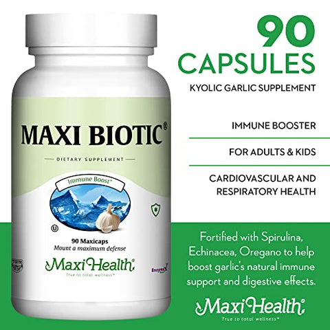 Cápsulas de Extrato de Alho Envelhecido Maxi Biotic (90 Unidades) | Suplemento de Alho Kyolic com Spirulina, Equinácea, Orégano e Enzymax – Antioxidante Natural – Suporte ao Bem-Estar - Maxi Health