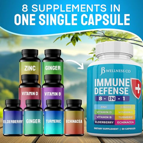 JB Wellness Co - Cápsulas 8 em 1 para Suporte Imunológico – Suplemento de Zinco, Vitamina D3 5000 UI, Vitamina C 1000MG e Sabugueiro – Reforço Imunológico com Equinácea, Gengibre e Cúrcuma – Marca: Immune Support