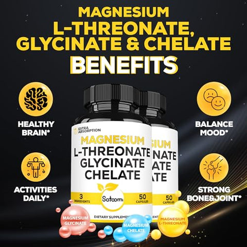 1200mg Magnésio L-Treonato com Glicinato de Magnésio – 2 Pacotes de 50 Cápsulas - Satoomi