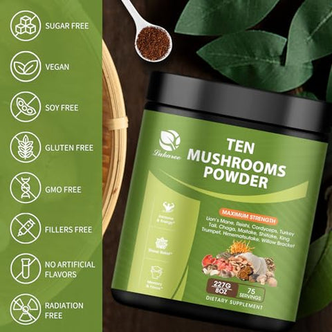 Lukaree - 14 em 1 Pó de Cogumelo para Preparo de Café, 227g Suplemento de Cogumelo com Cabeça de Leão, Chaga, Reishi, Cauda de Peru, Extrato de Cogumelo Cordyceps em Pó, etc, Mistura de Cogumelos para